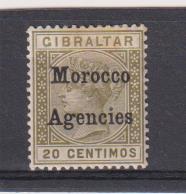 Sello Gibraltar, 20 Céntimos. Reina Victoria 1895. Sobrecargado Morocco Agencies. Nuevo con goma y fijasello