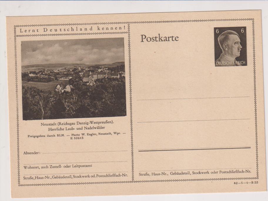Alemania. Tarjeta Entero Postal (6 P. Hitler) 1942. Conozca Alemania. SIN CIRCULAR