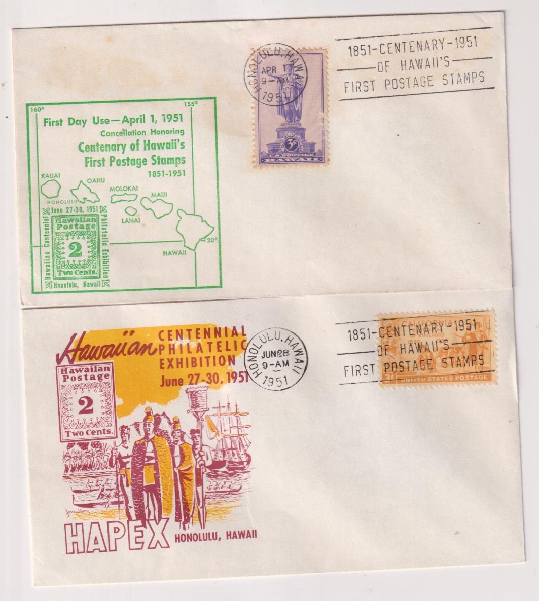 Estados Unidos. Centenario del sello de Hawái. Lote de 2 Sobres Primer Día. 1951