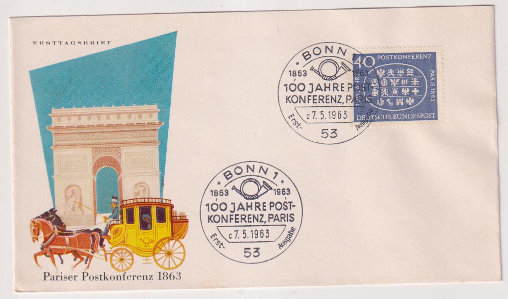 Alemania. 100 Aniversario de la Conferencia Postal de París. Sobre primer Día 1963