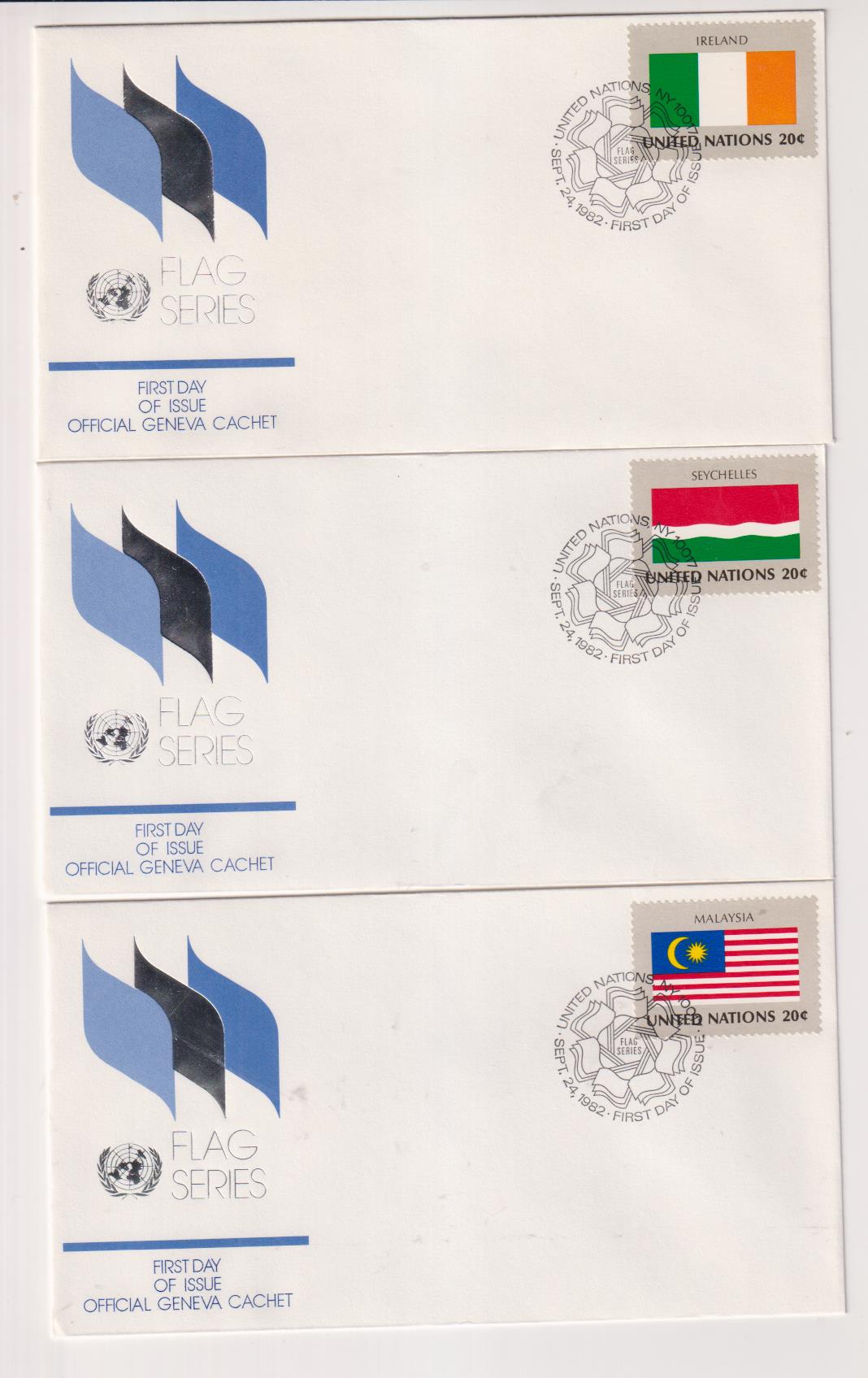 Naciones Unidas. Serie Banderas. 3 Sobres Primer Día: Irlanda, Malasia y Seychelles, 1982