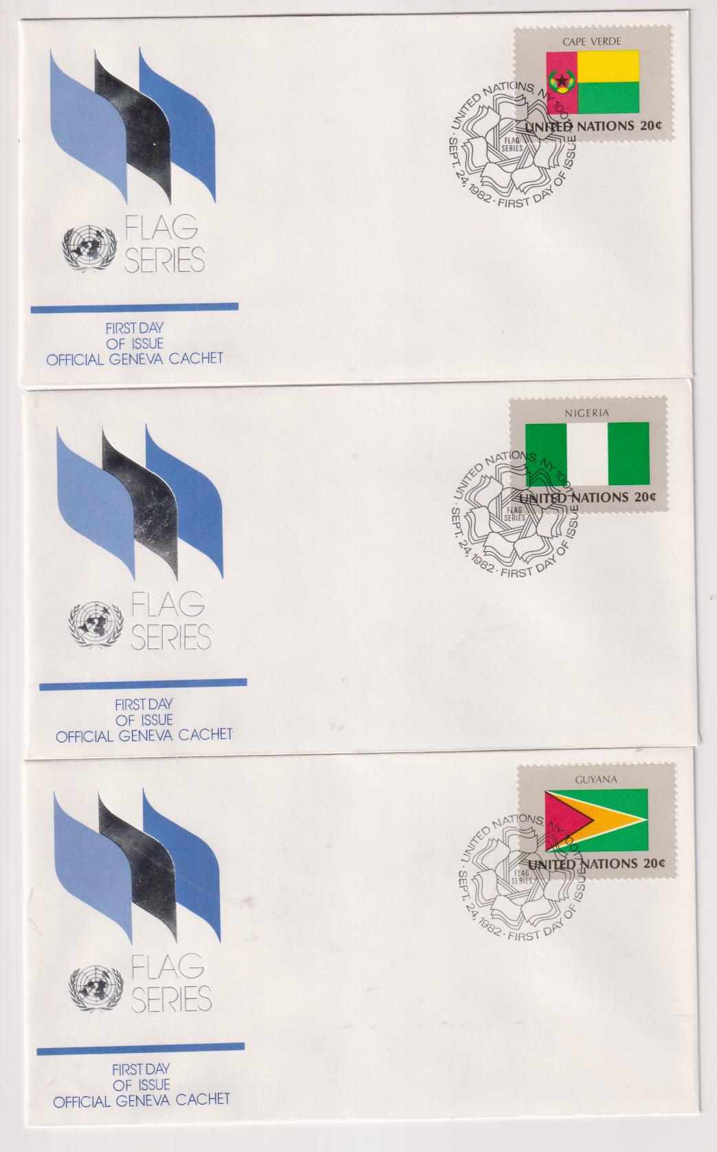 Naciones Unidas. Serie Banderas. 3 Sobres Primer Día: Cabo Verde, Guayana y Nigeria, 1982