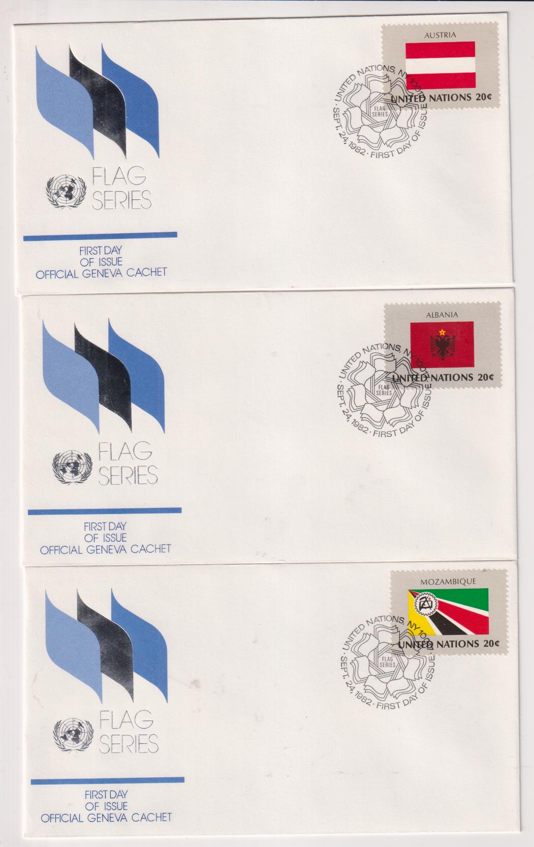 Naciones Unidas. Serie Banderas. 3 Sobres Primer Día: Austria, Albania y mozambique 1982