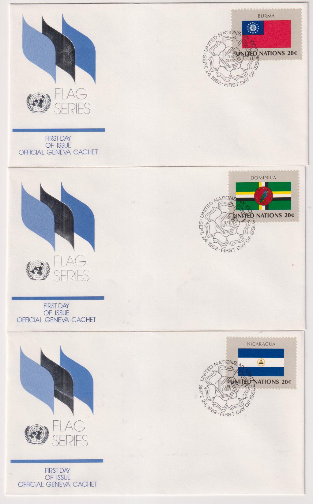 Naciones Unidas. Serie Banderas. 3 Sobres Primer Día: Burma, Dominica y Nicaragua 1982