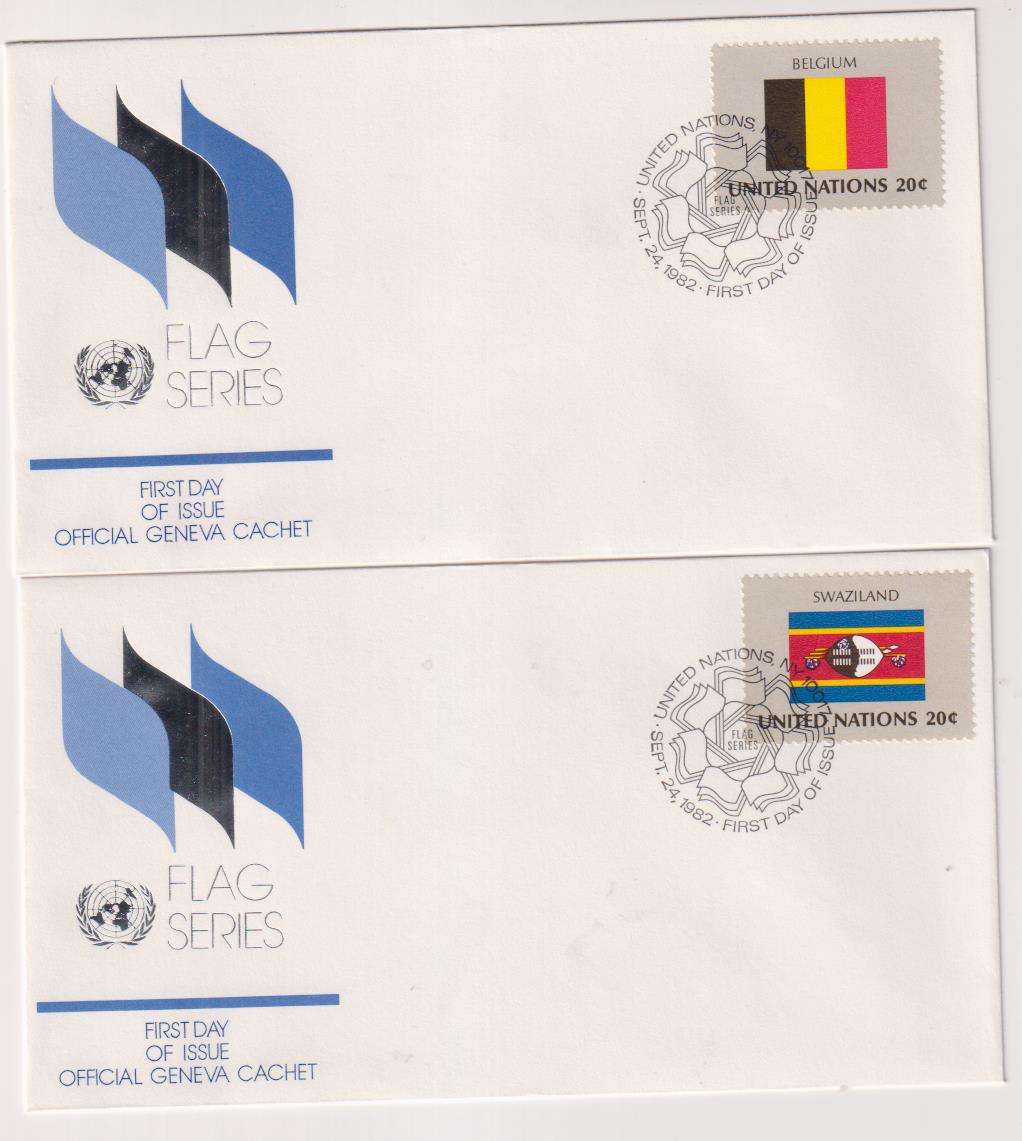 Naciones Unidas. Serie Banderas. 2 Sobres Primer Día: Bélgica y Swazilandia, 1982