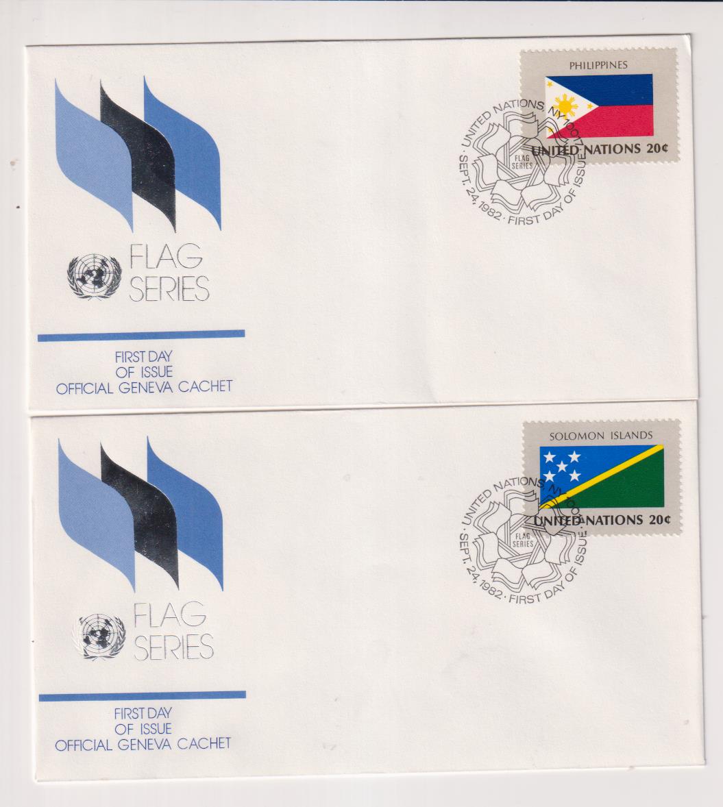 Naciones Unidas. Serie Banderas. 2 Sobres Primer Día: Filipinas y Islas Salomón 1982