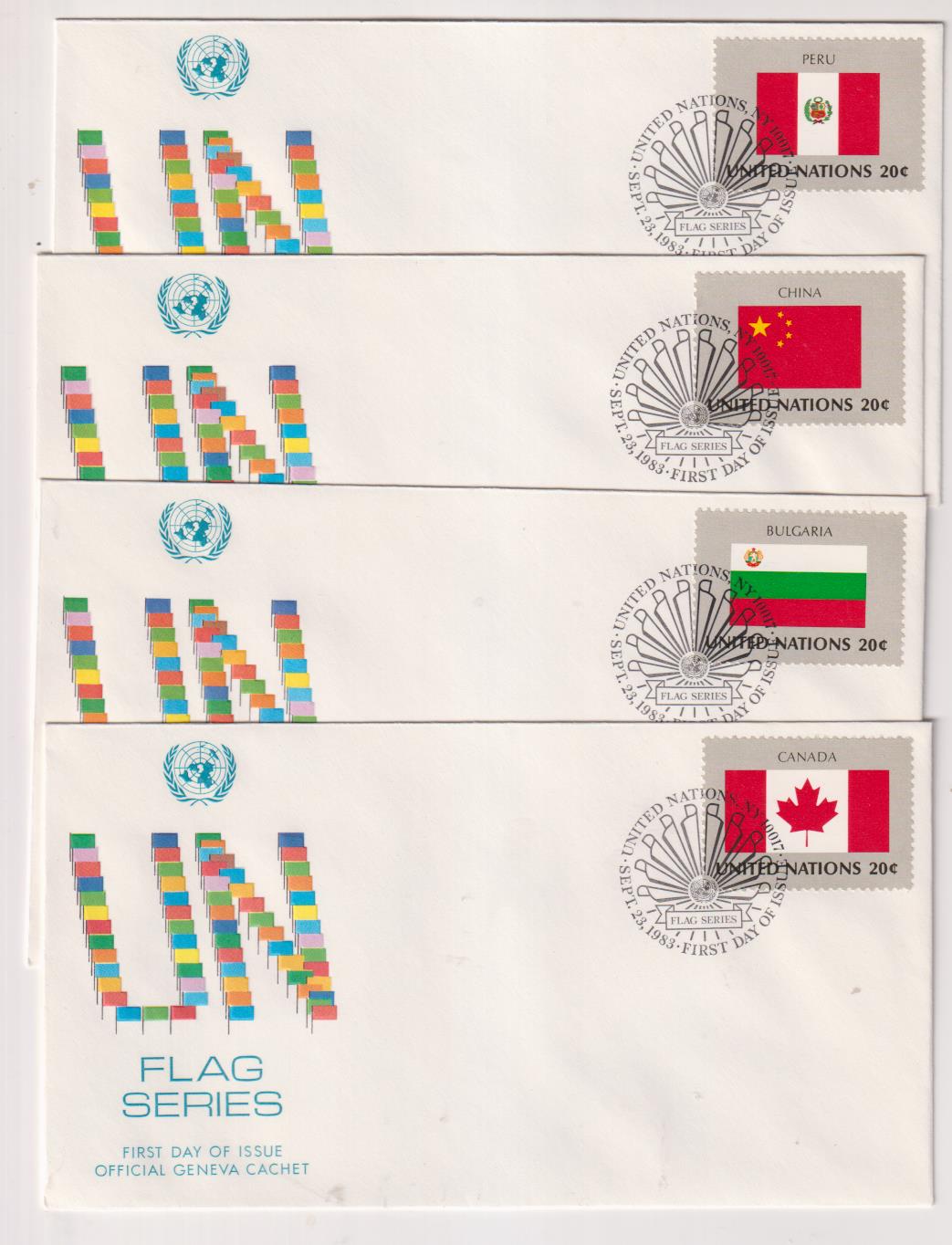 Naciones Unidas. Flag Series. Lote de 4 Sobres Primer Día