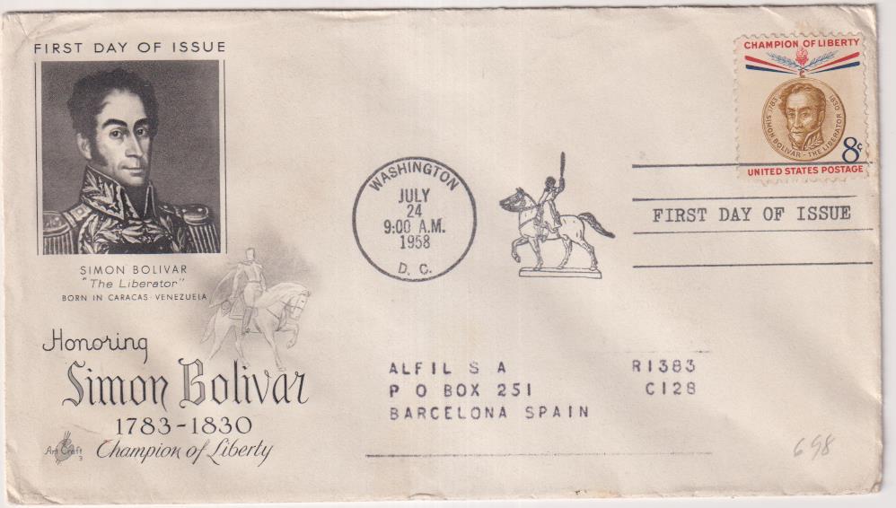 Estados Unidos. Sobre Primer Día. Simón Bolívar. Washington 1958