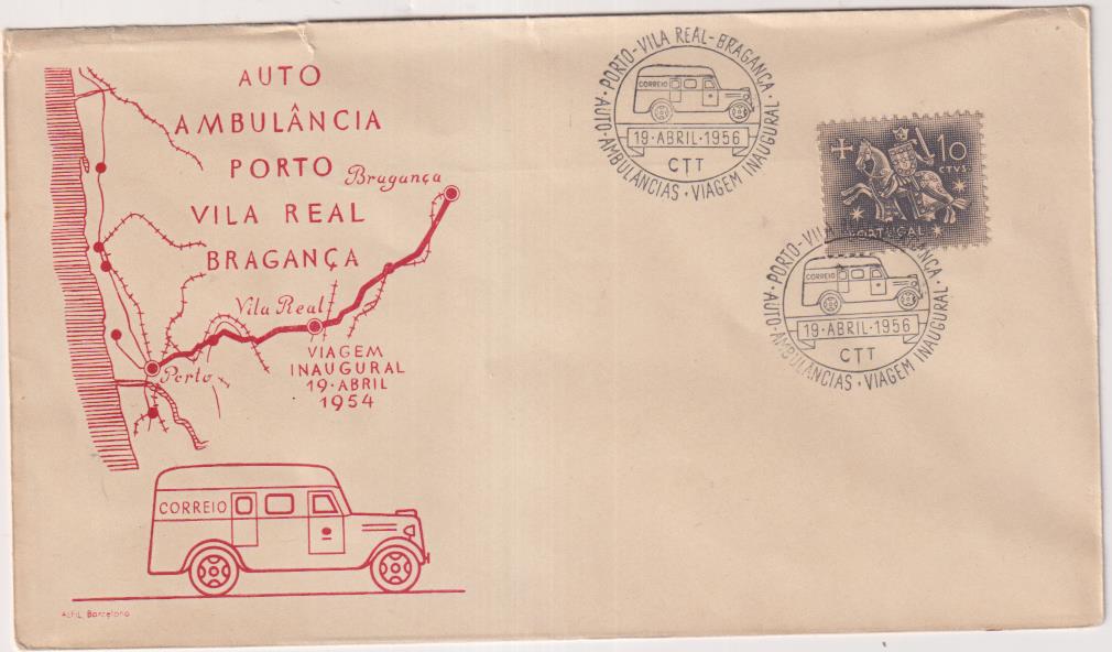 Portugal. Sobre Primer Día. Auto Ambulancia Porto-Villa Real-Braganza 1956