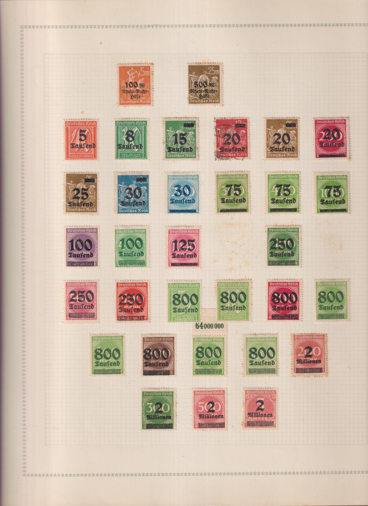 Alemania. Año 1923. Sellos Sobrecargados. 32. (31 nuevos sin goma y 1 usado) Todos con charnela