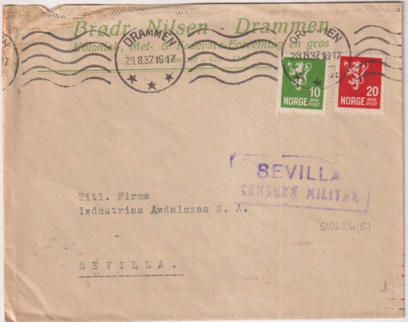 Sobre con Membrete de Drammen (Noruega) a Sevilla del 29 Ago. 1937. Con Censura Militar de Sevilla. Al dorso: publicidad de Sunoco. Motor Oil