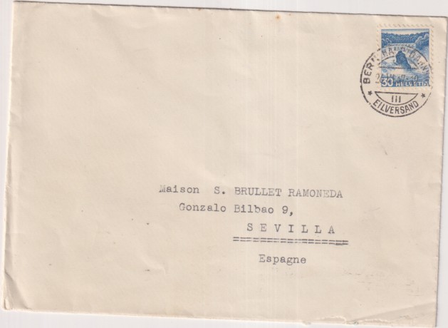 Sobre de Berna a Sevilla del 26 de Jun. de 1937. Con Cdensura Militar de Sevilla
