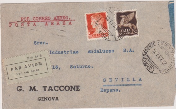 Sobre con Membrete de Genova a Sevilla. Correo Aéreo. Franqueado el 23 Jul. 1937. Con Censura Militar de Sevilla