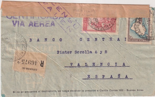 Sobre con Membrete del Banco Español de Río de La Plata a Valencia. Franqueado En Buenos Aires el 10 Jul. 1937. Con Censura de Valencia