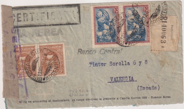 Sobre con Membrete de Banco Español del Río de la Plata a Valencia. FRanqueado el 13 Ago. 1938 en buenos Aires. Con Censura de Valencia