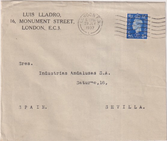 Sobre Con Membrete Luis Lladro. London a Sevilla. del 23 Jul 1937. Con Sevilla Censura Militar