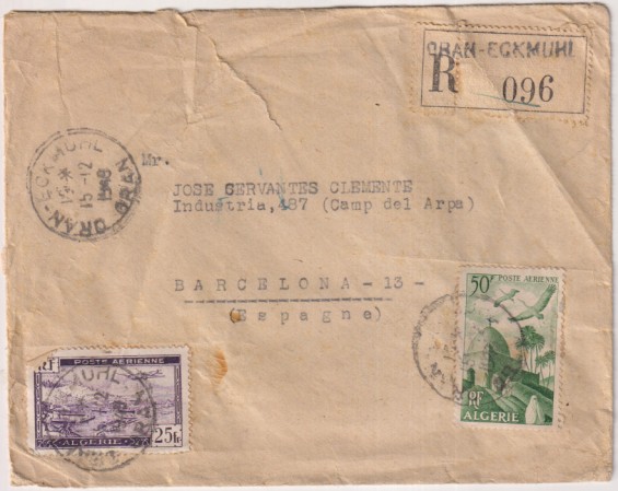 sobre de Orán-Egkmuhi (Argelia) a Barcelona del 15-12-1949