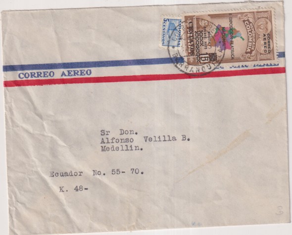 Carta. correo aéreo de Barranquilla (Colombia) a Medellín, del 17 de Dic-1953. Bonita
