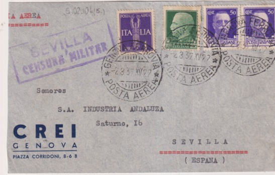 Frontal de Carta de Genova (CREI) a Sevilla (S.A. Industria andaluza) Franqueado y Fechado. Posta Aérea 2-mar-37. Sevilla. Censura militar