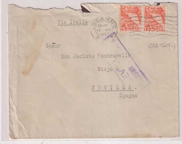 Carta de Logarno (Italia) a Sevilla. Franqueado y Fechada el 16-Julio.1937. Con Censura Militar de Sevilla