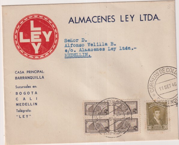 Colombia. Carta de Almacenes Ley, Barraquilla Almacenes ley en Medellín. Franqueado y Fechado 11 Sep. 1946. Muy bonito