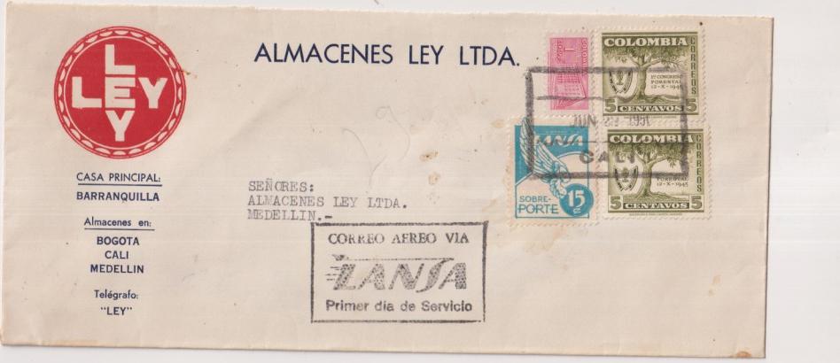 Carta con membrete Almacenes Ley, Cali a Ley en Medellín. de 22-Jun- 1950. Con Bonito Franqueo en Cali y Correo Aéreo Lansa. Primer Día de Servicio