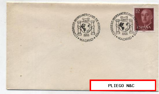 Sobre franqueado con el sello nº 1143, matasellado con conmemorativo I Congreso Ibero Americano de Municipios 1955
