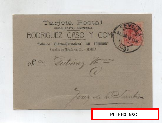 Tarjeta Postal Comercial. De Sevilla a Jerez de la Frontera. Franqueada con el sello 269, matasellado con fechador