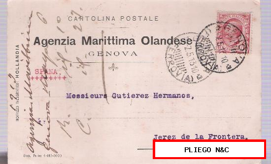 Entero Postal Italiano de Génova a Jerez de la Frontera. 1913