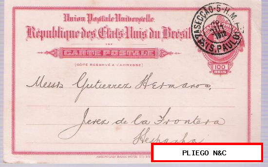 Entero Postal Brasil. De Sao Paulo a Jerez de la Frontera. 1912