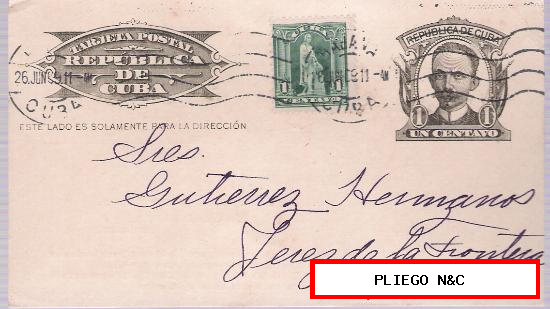 Entero Postal Cuba. De La Habana a Jerez de la Frontera. 1 Centavo más 1 centavo. 1909