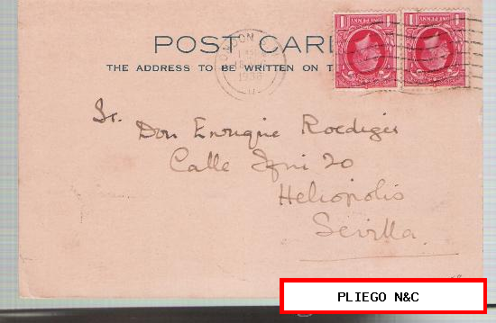 Tarjeta Posta de Gran Bretaña a sevilla, franqueada con sello nº 158 (2) Matasello de rodillo de Londres