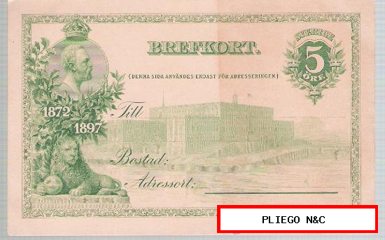 Tarjeta Entero Postal. Suecia. (5 ore) 1897-1898. No circulada