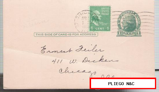 Tarjeta Entero Postal. Estados Unidos. Franqueo adicional (1 cent) Chicago 9-4-1955