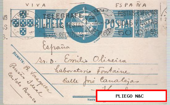 Postal Entero Postal. De Lisboa a Huelva. 23-12-1937. Viva España en margen superior