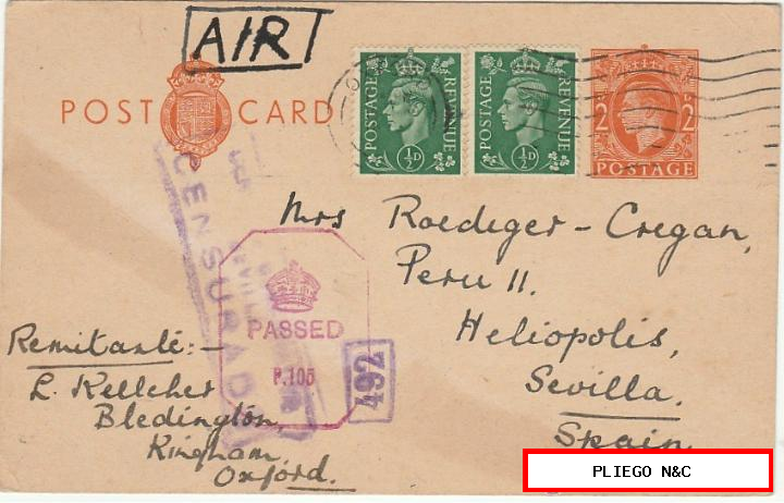 Tarjeta Entero Postal. Gran Bretaña. De Oxford a Sevilla. 29-11-1944. Censura Inglesa y Censura-Gubernativa de Sevilla
