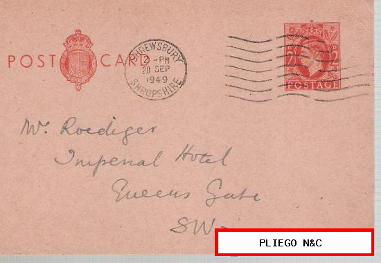 Tarjeta Entero Postal. Gran Bretaña. De Shrewsbury a Queens Gate. 20-Sep-1949