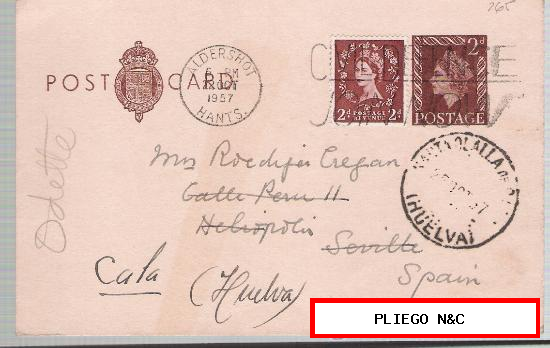 Tarjeta Entero Postal. Gran Bretaña. De Aldershot a Cala. 22-Oct-1957. mata sello de llegada de santa Olalla