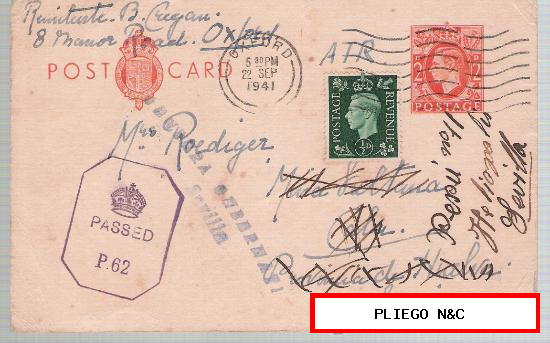 Tarjeta Entero Postal. Gran Bretaña. De Oxford a Cala, con matasello de llegada y reexpedido a Sevilla 22-Sep-1941