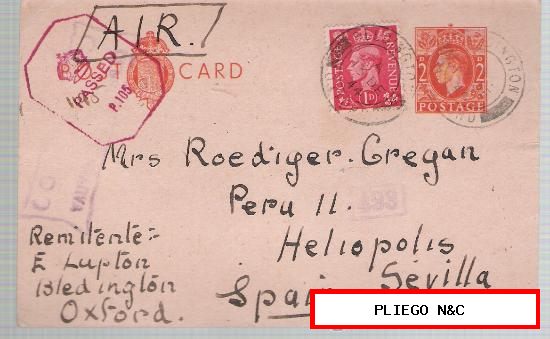 Tarjeta Entero Postal. Gran Bretaña. De Bledington a Sevilla. 13-Dic-1944. Censura Inglesa y Censura Gubernativa