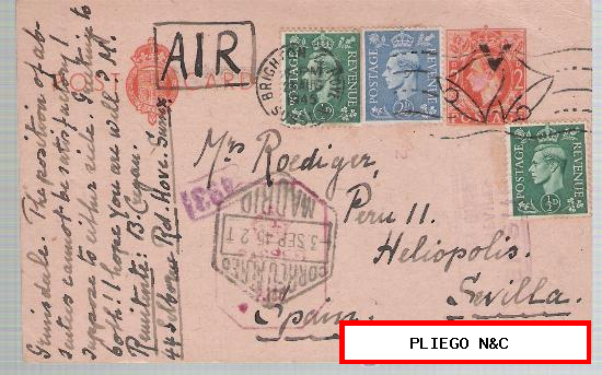 Tarjeta Entero Postal. Gran Bretaña. De Brighton a Sevilla. 27-Aug-1945. Censura Inglesa y censura gubernativa de Sevilla