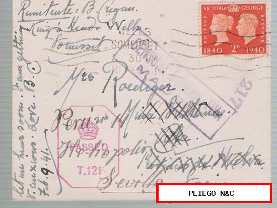 Tarjeta de Gran Bretaña a Cala, reexpedida a Sevilla. De 10 Feb. 1941, Franqueada con sello 230 Centenario del Sello