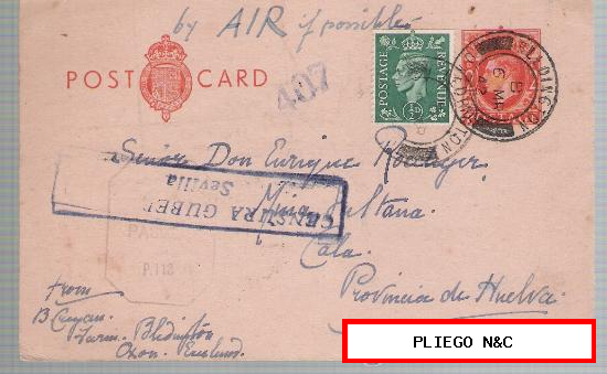 Tarjeta Entero Postal de Bledington a Mina la Sultana-Cala (Huelva) De 6 Mar. 1942. Complementado con sello 209 de G. bretaña