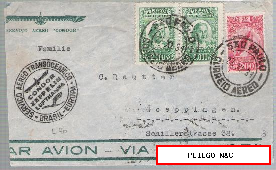 Carta de Brasil a Alemania con pareja de 2000 Reis verde 200 reis dedicado a Santos Dumont. con marca CÓNDOR