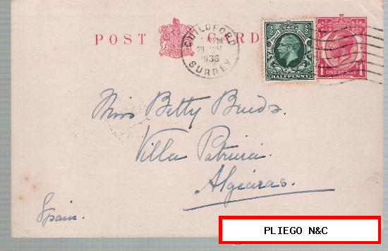 Tarjeta Entero postal de Gran Bretaña a Algeciras. Complementado con sello 157. Matasello rodillo-de Guildford Surrey