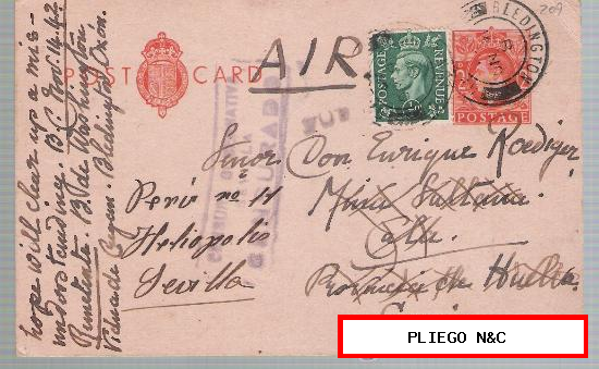 Tarjeta Entero Postal de Bledington a Mina la Sultana en Cala, de 14 Nov 1942 y reexpedido a Sevilla