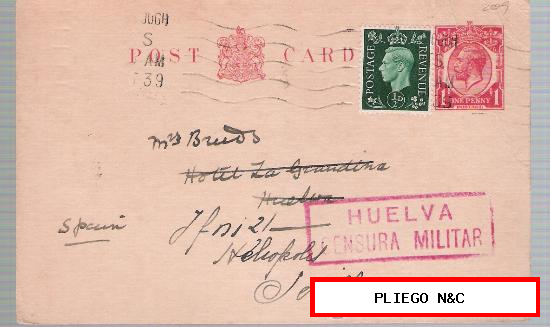 Tarjeta Entero Postal de Gran Bretaña a Huelva y reexpedida a sevilla