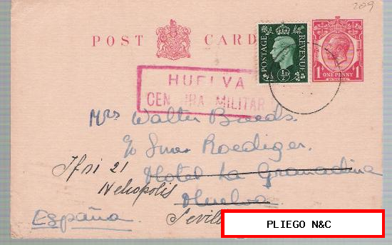 Tarjeta Entero Postal de Gran Bretaña a Huelva y reexpedida a sevilla, del 1-1939