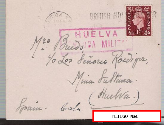 Tarjeta Postal de Londres a Mina la Sultana (Huelva) De 12 Feb. 1938. Franqueada con sello 211