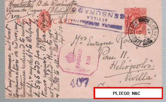 Tarjeta Entero Postal de Bledington a Sevilla. De 14 Sep. 1942. Censura inglesa y marca de Censura Gubernativa de Sevilla